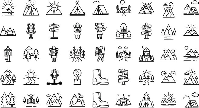 Hiking camping adventure icons mountain landscape travel