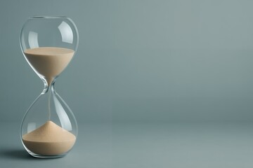 Glass hourglass with falling sand on minimal blue background