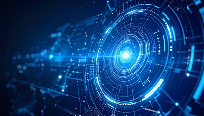 Obraz premium Futuristic digital interface, showcasing cutting-edge technology in a mesmerizing display of data and connection. The central focus highlights a vibrant glowing light
