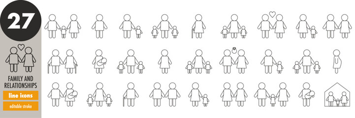 Family and relationships - editable stroke thin line icons set. Couple, marriage, friends, children, kids, elders, siblings, mother, father, pregnancy, baby, home, brother, sister, vector illustration