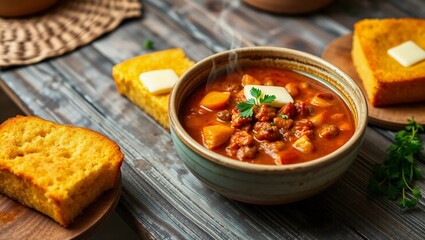 Brunswick stew cornbread steam rising rustic wood homestyle aesthetic comfort food hearty meal southern cuisine close-up high-resolution
