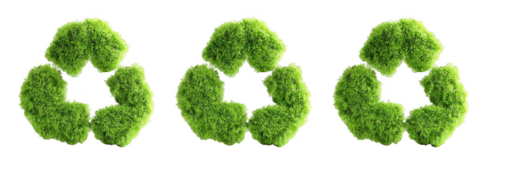 3D green, fluffy, textured recycling symbol set on a white background, png, transparent