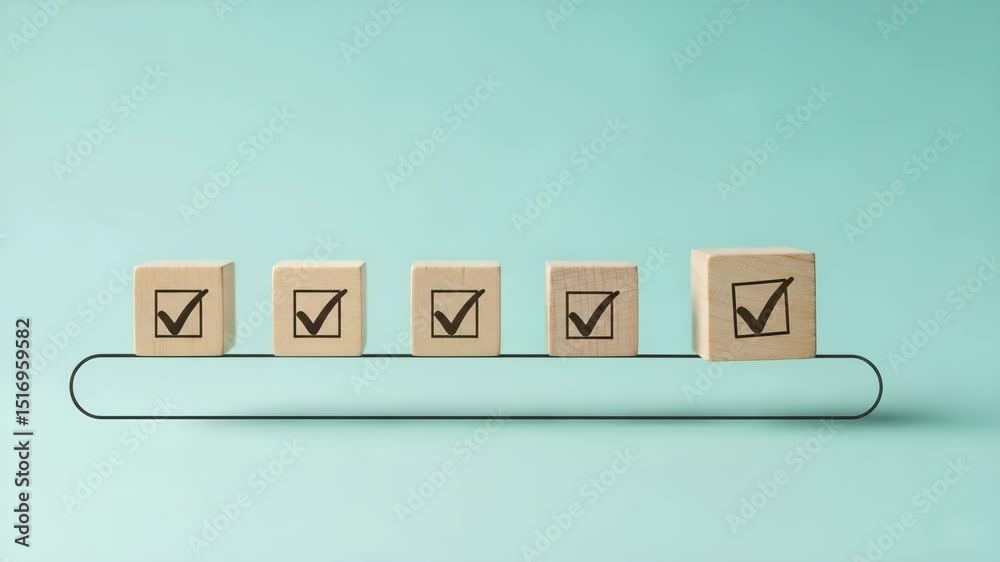 Poster Hand placing wooden block with check mark on a line with other blocks on a blue background surface