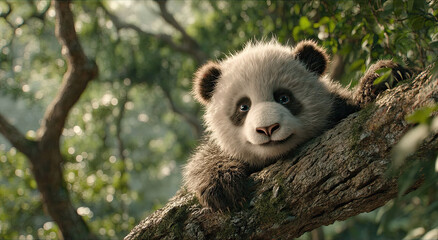 Obraz premium Cute Baby Panda Relaxing on a Tree Branch, Representing Wildlife Conservation and Environmental Awareness in a Natural Habitat