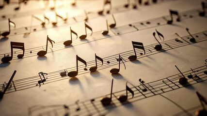 Elegant music sheet with floating notes casting long shadows, creating a captivating golden artistic composition.