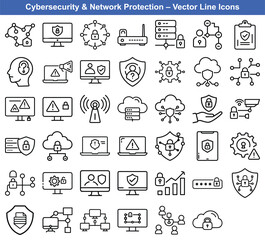 Cybersecurity and Network Protection Icons – Line Art Vector Set for Data Privacy, Internet Security, and Cloud Encryption