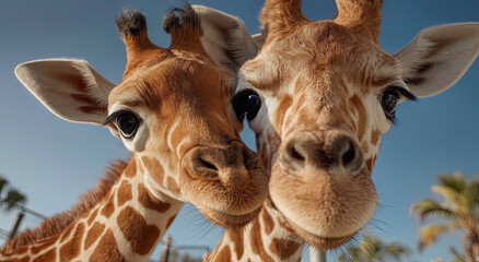 Obraz premium Two Giraffes Close Up Under Blue Sky, Showcasing Wildlife Conservation and Animal Protection Efforts