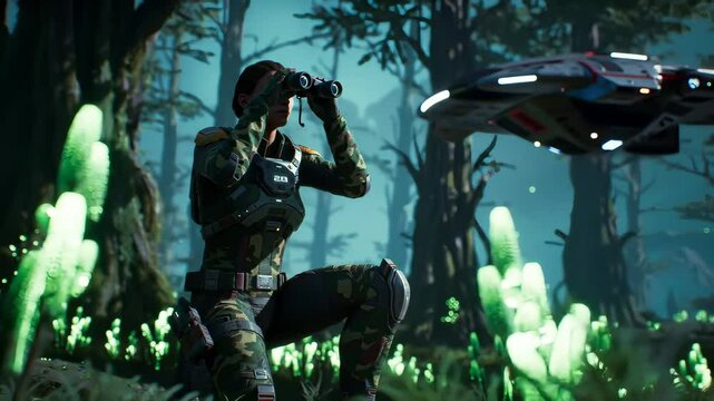 Female Soldier Observing Unidentified Flying Object Through Binoculars in Eerie Forest with Glowing Plants During Futuristic Expedition