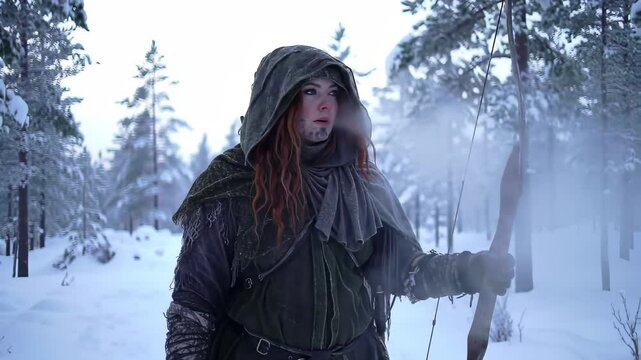 Female Archer With Red Hair Holding Bow and Arrow Wearing Green Hooded Outfit in Winter Forest Snow Landscape for Adobe Stock Photo
