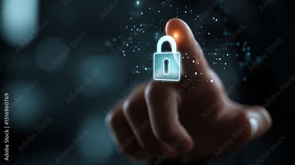Poster digital security access control system protection technology abstract padlock finger touchscreen int