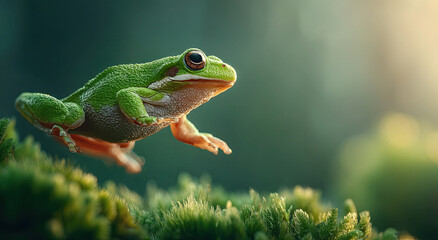Obraz premium Green Tree Frog Leaping From Moss, Symbolizing Environmental Awareness and Wildlife Conservation Efforts in Nature Photography