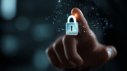 Digital Security Access Control System Protection Technology Abstract Padlock Finger Touchscreen Interface Futuristic Cybersecurity Network Data Privacy Concept          