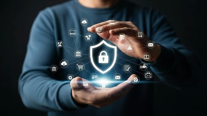 Person holding digital shield with padlock and icons representing online security measures shown