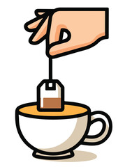 A hand dipping a tea bag into a round ceramic cup