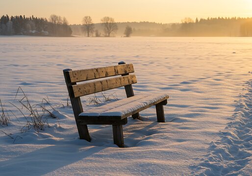 Rustic bench in snowy field