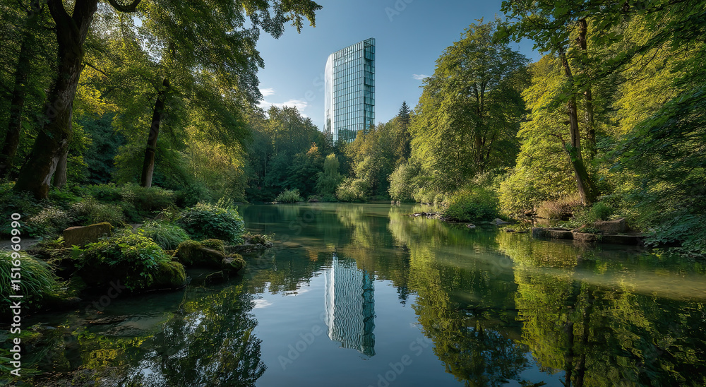 Poster modern glass skyscraper reflected in forest lake on sunny day, representing sustainable architecture