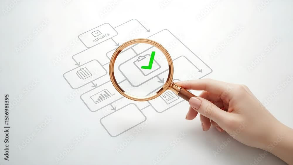 Poster Hand holding magnifying glass over flowchart with green checkmark on white background close up view