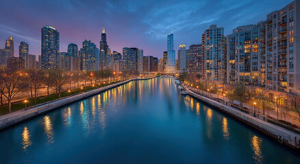 Obraz premium Chicago River at Twilight Reflecting City Lights, Showcasing Urban Development and Real Estate Investment Opportunities