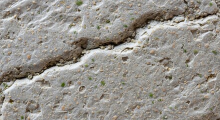 Close-up of cracked textured concrete surface with small pebbles and green flecks