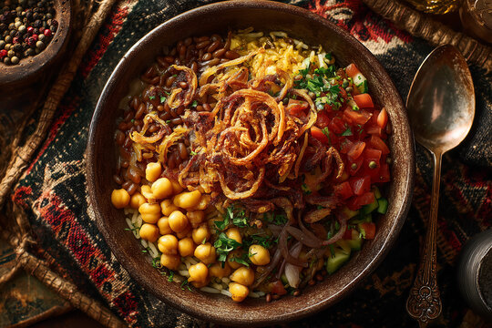  egyptian koshari with tomato garlic sauce top view