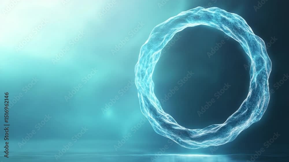 Poster luminous aqua ring: an ethereal, luminous aqua ring floats in a misty, teal environment, creating an