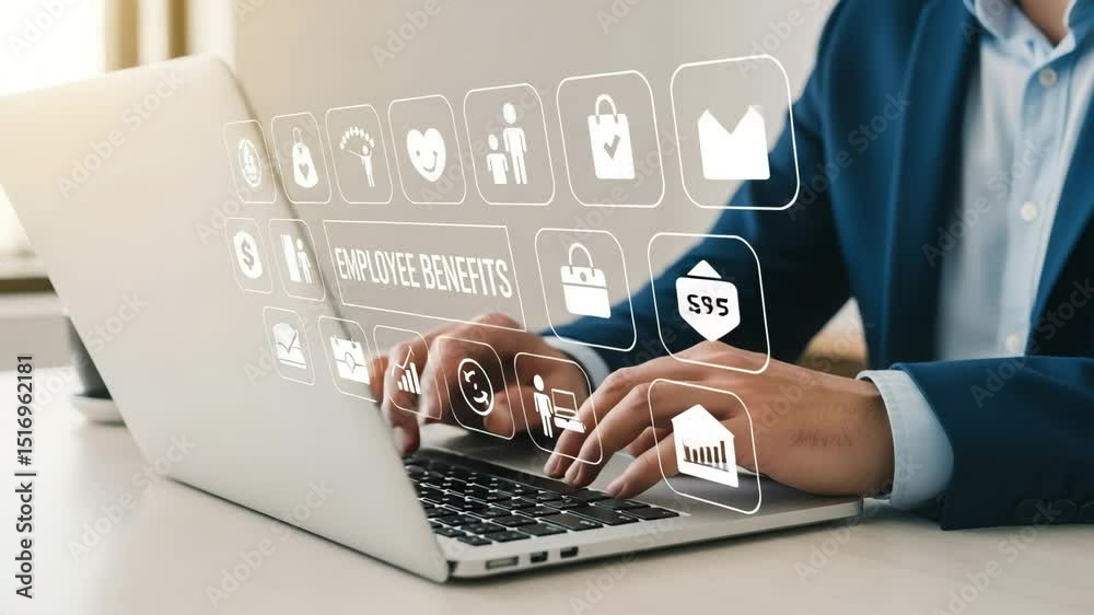 Poster person typing on laptop with employee benefits icons displayed above the keyboard and hands visible