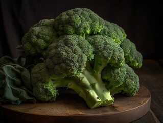 Fresh broccoli on a wooden board illuminated with low artistic light. Dark tones emphasize the bright green color of the vegetable. Broccoli leaves lie nearby, adding naturalness to the composition.