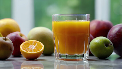 Glass of orange juice and fruit are placed on the counter.