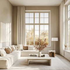 Light-filled, minimalist living room with large windows
