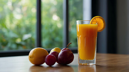Glass of orange juice and fruit are placed on the counter.