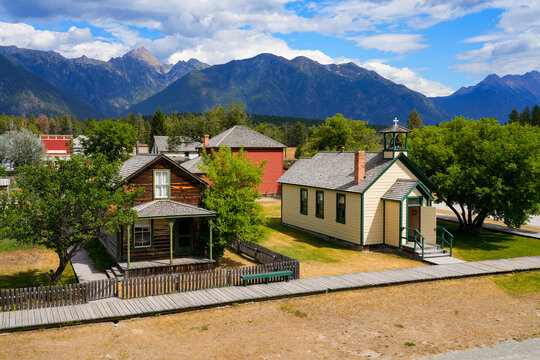 Aerial view of a wooden church in the Fort Steele Heritage Town in the East Kootenay region of southeastern British Columbia, Canada