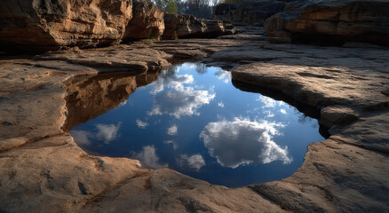 Sky Reflection in a Rocky Pool, Evoking Tranquility and Natural Beauty for Travel and Environmental Awareness Campaigns