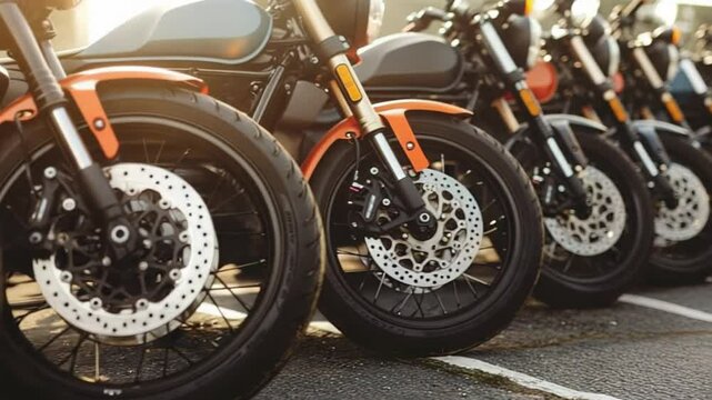 Row of motorcycles parked in warm sunlight, showcasing wheels
