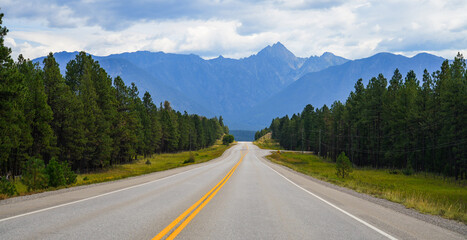 Fototapeta premium Crowsnest Highway (Hwy 95) between Cranbrook and Fort Steele overlooked by Mount Fisher in the East Kootenay region of southeastern British Columbia, Canada