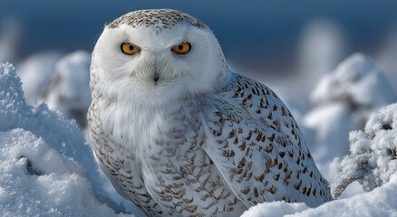 Snowy Owl Staring Intently in Winter Landscape, Symbolizing Wildlife Conservation and Environmental Awareness