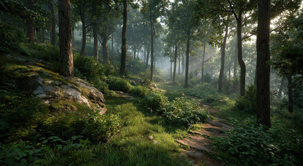 Fototapeta premium Sunlit Forest Path With Lush Greenery, Evoking Serenity and Outdoor Adventure for Travel and Ecotourism Campaigns