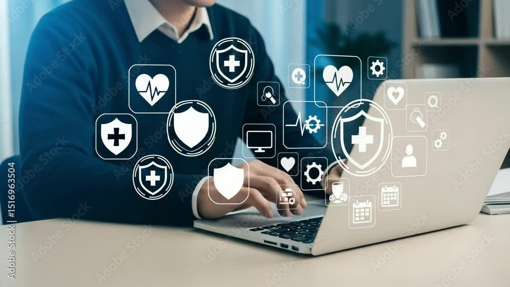 Poster a person typing on a laptop with medical icons floating above the keyboard on a light colored desk