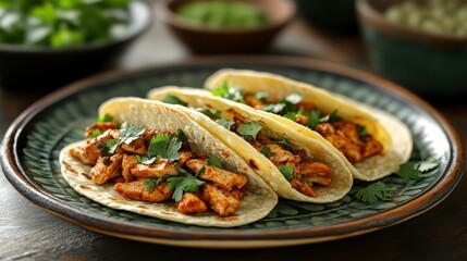 Three chicken tacos on a plate