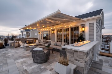Modern patio design with a retractable awning and stone tiles, creating an elegant outdoor living space with a cozy evening ambiance.