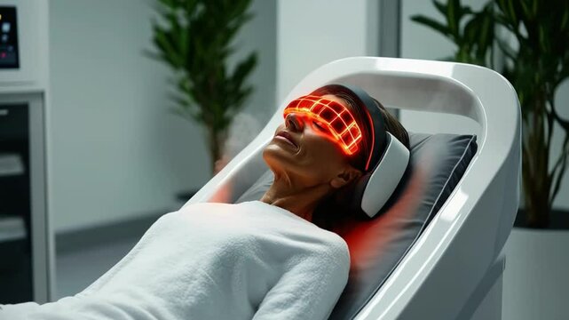 Person in high-tech anti-aging light therapy pod