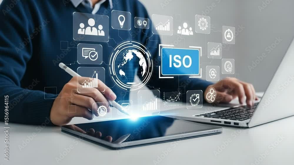 Poster a person using a tablet and laptop surrounded by iso certification icons and business related graphi