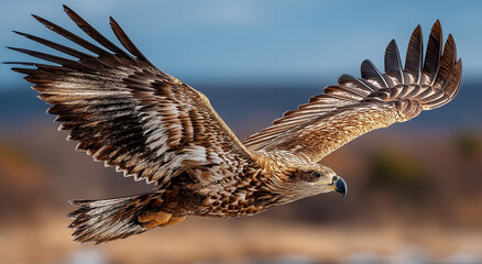 Fototapeta premium Majestic Eagle Soaring Through the Sky With Wings Spread, Symbolizing Freedom and Wildlife Conservation Efforts