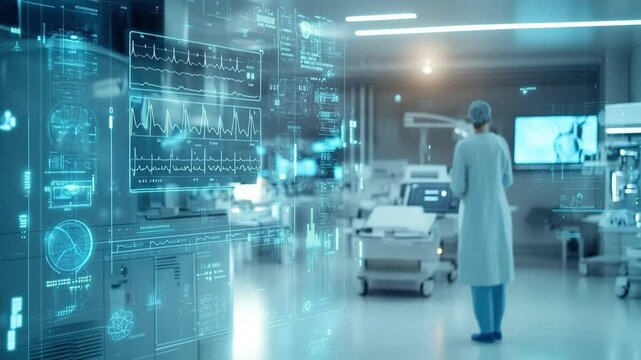 Doctor in futuristic lab with holographic health displays