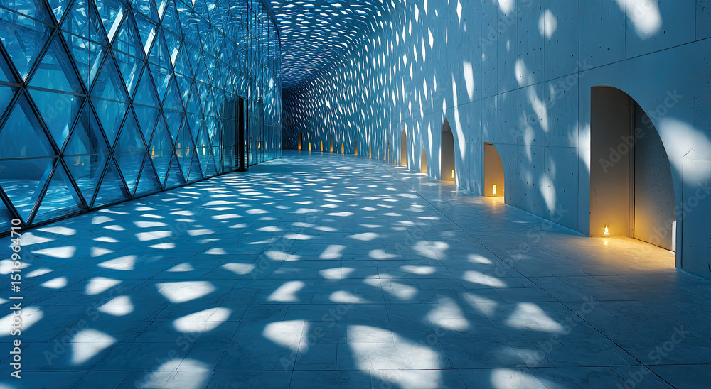 Poster futuristic architecture hallway with geometric shadows, showcasing modern design and infrastructure 