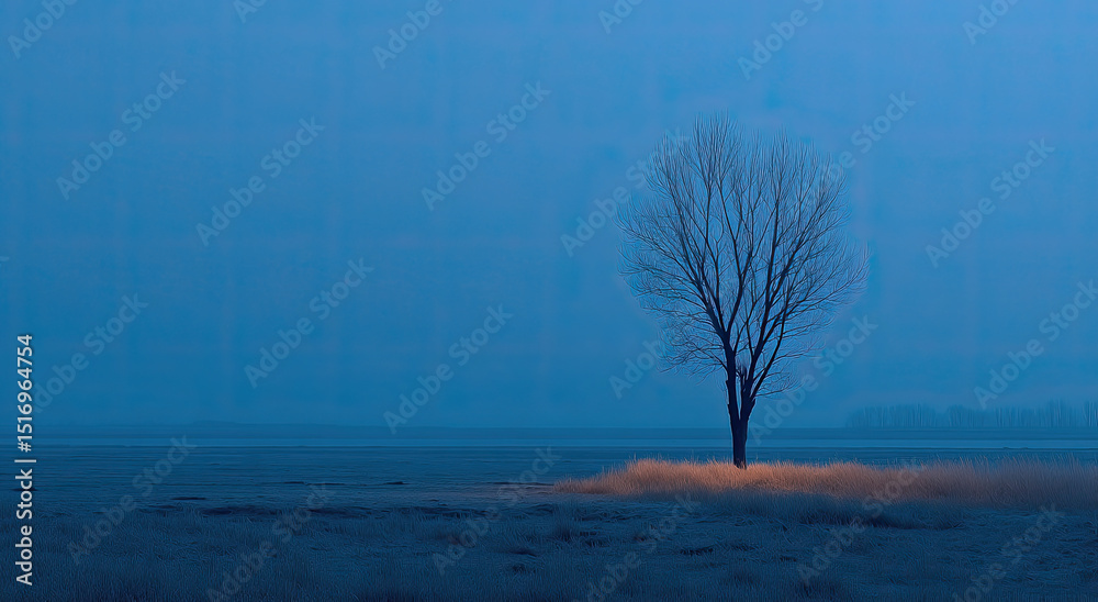 Poster bare tree standing alone in a field at dusk, evoking serenity and environmental awareness for conser