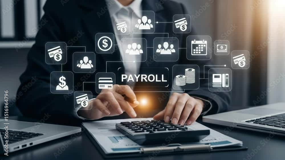 Poster Person calculating payroll with calculator and laptop surrounded by payroll related icons
