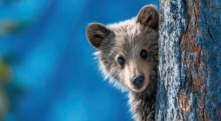 Naklejka premium Curious Bear Cub Peeking From Behind Tree Trunk Against Blue Sky, Representing Wildlife Conservation and Forest Exploration
