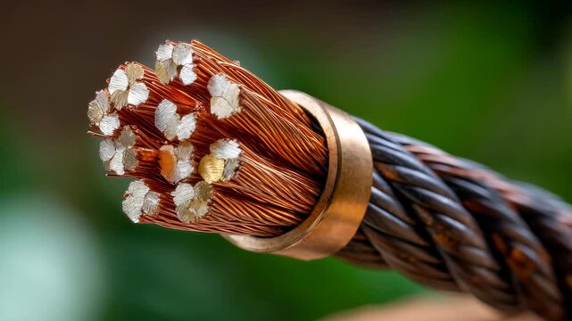 Copper wire conductor is shown in close-up: a bare cable bundle made of twisted cores demonstrates the purity of the metal and high conductivity