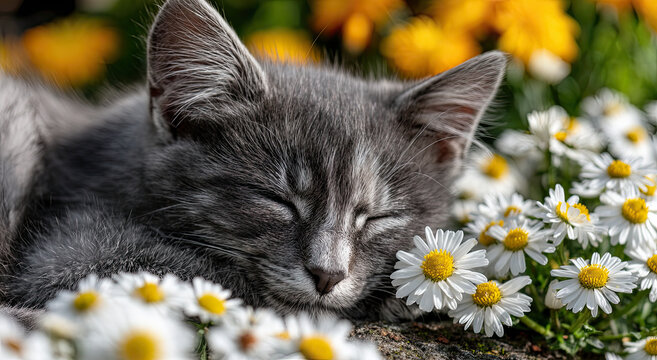 Gray Kitten Napping Peacefully Among Daisies, Representing Tranquility and Pet Adoption, Perfect for Animal Welfare Campaigns