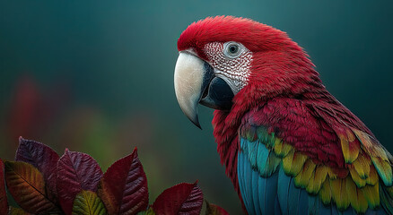 Fototapeta premium Scarlet Macaw Parrot Perched on Branch, Symbolizing Tropical Beauty and Avian Conservation Efforts, Ideal for Ecotourism and Wildlife Education Campaigns